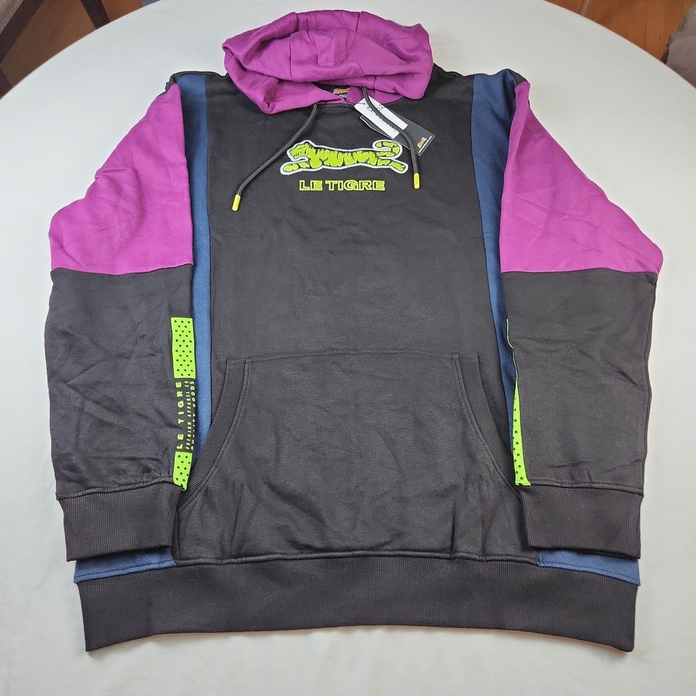 Le Tigre Black Color Block Pullover Hoodie Mens XXL Neon Green Logo Streetwear